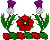 Family crest from Scotland for Arkley (Scotland) Crest - Two Thistles in Orle Flowered in the Center a Rose