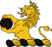 Family crest from England for Abney (Derbyshire) Crest - Demi Lion Rampant Holding a Roundel
