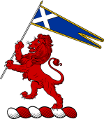 Family Crest from England for: Acotts, Acottis Crest - A Lion Rampant Supporting a Standard, Flag Charged with a Saltier