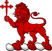 Family Crest from England for: Adamson Crest - A Lion Passant, Holding in the Dexter Paw a Cross Crosslet