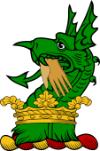 Family crest from England for Jones - A dragon's head erased, ducally gorged, in the mouth a glove