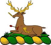 Family Crest from England for: Anderson (Northumberland) Crest - On a Mount, a Stag Couchant, Wounded in the Breast by an Arrow, Holding in His Mouth an Ear of Wheat, Charged on His Side with a Bugle-Horn