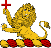 Family Crest from England for: Allenson Crest - A Demi Lion Rampant Guardant, Holding a Cross