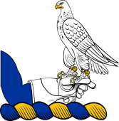 Family crest from England for Acland (Devon, Somersetshire Baronet) Crest - On a Sinister Arm in Fesse, a Hawk Perched, Belled