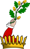 Family Crest from England for: Ackerman, Ackermann, Akerman, Acraman Crest - Out of a Palidado Coronet an Arm Embowed, Vested, Cuffed, Holding an Oak Branch