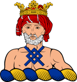 Family crest from England for Abingdon, Early of, Crest - Saracen's Hear Couped, Ducally Crowned, Charged on the Chest with a Fret