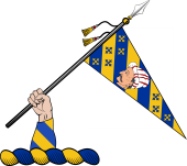 Family crest from England for Akers (Kent) Crest - An Arm Vested Bendy, Holding a Pennon Bendy Charged with a Saracen's Head Between Eight Crosses Crosslet