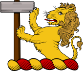 Family crest from England for Smith - A demi-lion rampant, supporting a smith's hammer